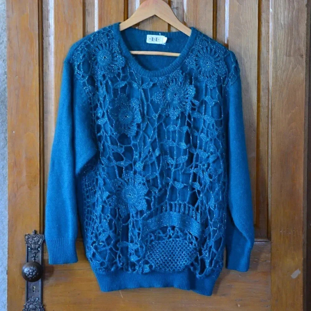 Vtg Knit Sweater with  Crochet Overlay